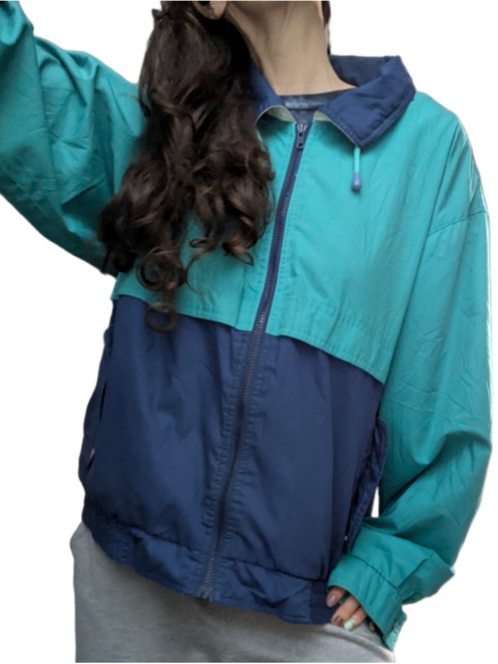 Vintage 90s Colorblock Windbreaker Jacket - Teal & Navy Blue - Retro L